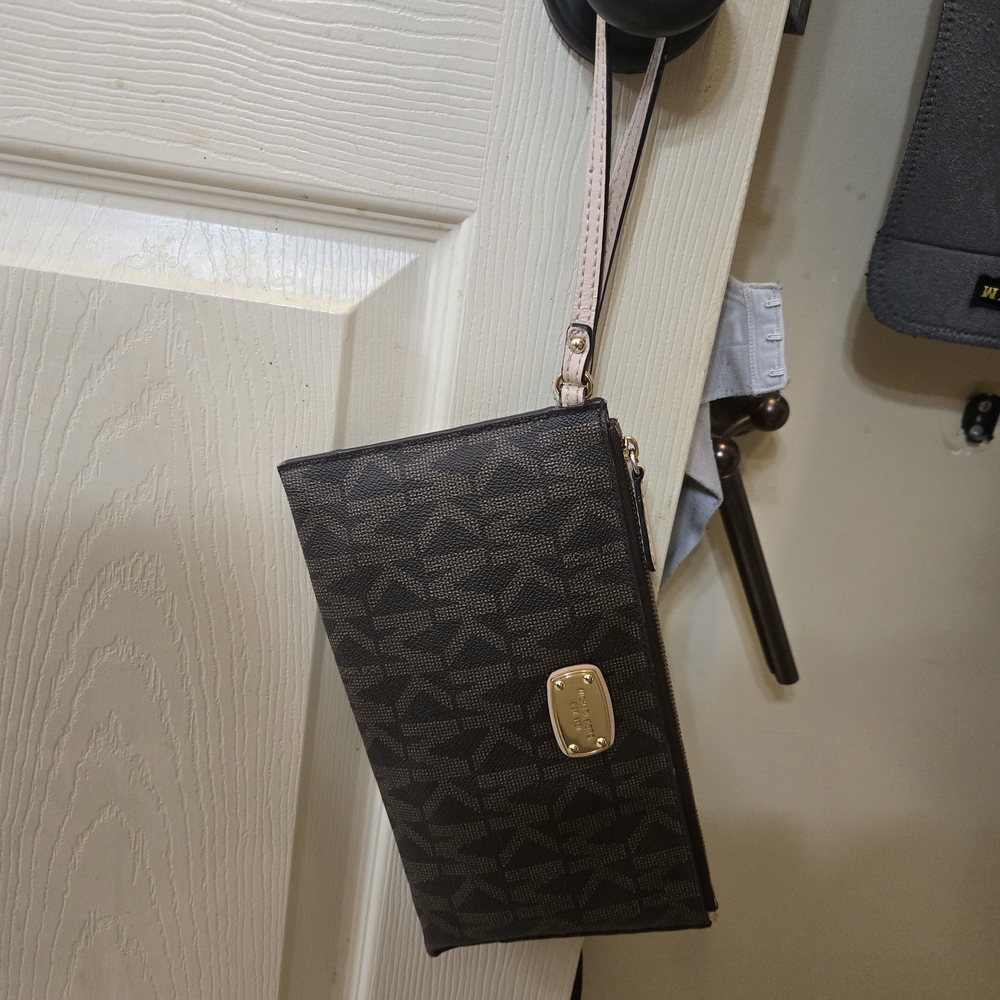 Michael Kors Brown Patterned Wristlet with Gold Accent
